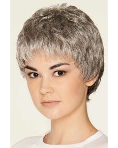 Woman in a light grey classic pixie wig with textured bangs