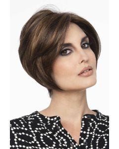 Woman in a chin length dark brown lace front bob wig