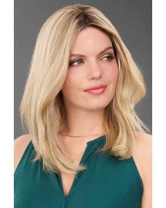 Woman in a 12" light blonde human hair topper wiglet for thinning hair