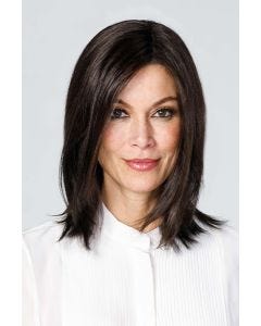 Woman in a 12" straight dark brown lace front wiglet hair topper for thinning hair