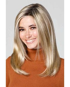 Woman in an 18" straight light blonde lace front hair topper for thinning hair