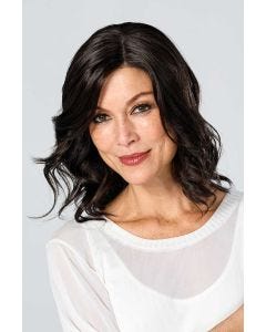 Woman in a 12" wavy dark brown lace front hair topper for thinning hair