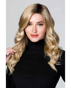 Woman in an 18" curly light blonde lace front hair topper for thinning hair
