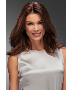 Woman in a medium auburn 12" human hair topper for thinning hair