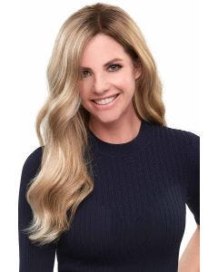 Woman in an 18" light blonde wavy lace front hair topper for thinning hair