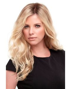 Woman weaving a wavy 18" light blonde wiglet hair topper