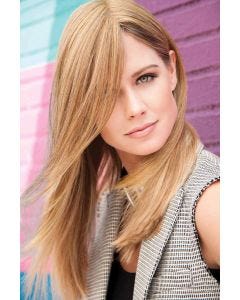 Woman in a 11" to 14" light auburn hair topper for thinning hair