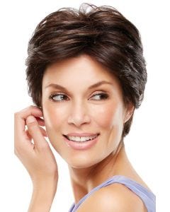 Woman in a dark auburn long layered lace front pixie wig