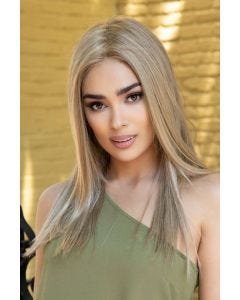 Woman in an extra long medium brown blunt cut lace front wig