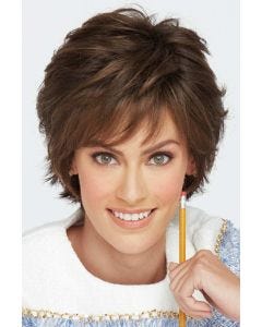 Raquel Welch in a tousled medium auburn pixie wig with fringe bangs