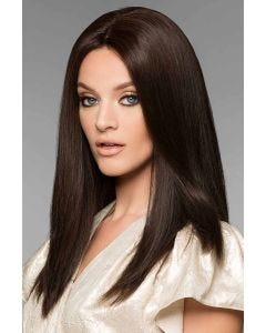 Woman in an extra long dark brown straight remy human hair wig