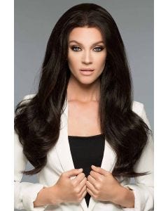 Woman in an extra long black wavy human hair wig