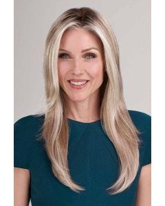 Happy woman in extra long golden blonde lace front wig with highlights and long textured layers
