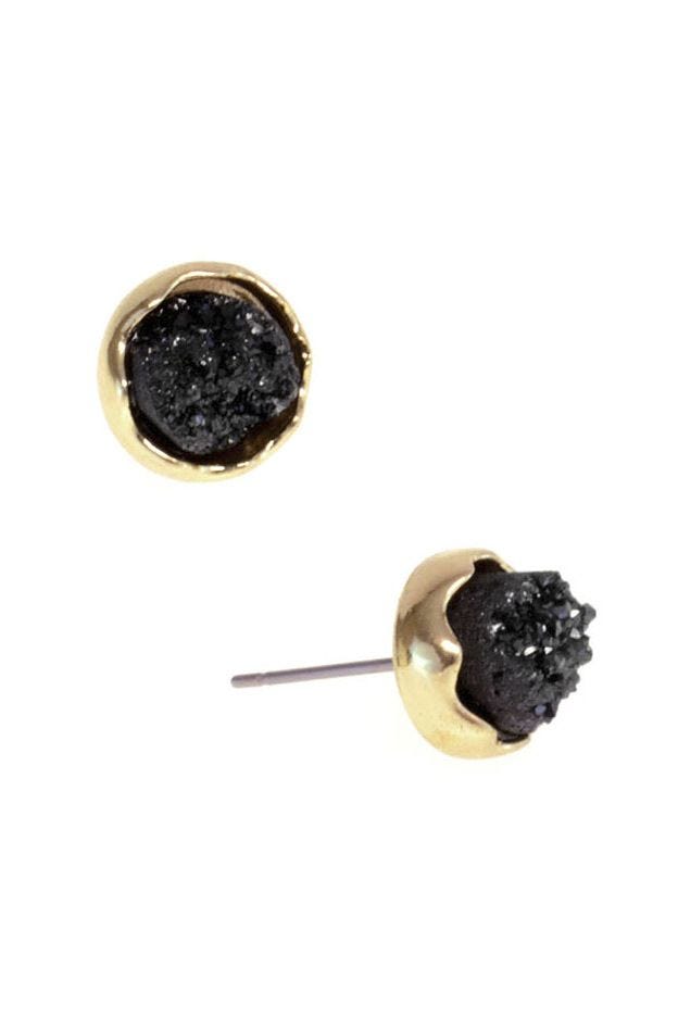 Gold Tone Black Druzy Quartz Stud Earrings Nickel Free