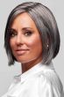 Woman in a chin length salt and pepper lace front bob wig