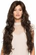 Woman in a large 32" curly dark brown full wig