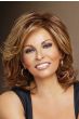 Raquel Welch in auburn shoulder length wig with wavy curls, layers and side bangs