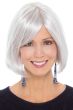 Older woman in straight grey bob wig with bangs