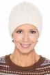 Woman in cute cream colored cable knit beanie hat for winter