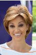Woman in a medium brown pixie wig with longer hair on the top and sides