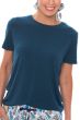 Woman in blue bamboo tee shirt