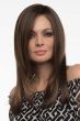 Woman in an extra long dark brown wig with layering in the front