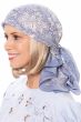 Woman in blue cotton head scarf with white flowers and wig underneath for cancer patients