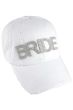 White bridal baseball cap for brides with rhinestones that say "Bride"