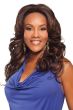 African American woman in an extra long curly dark brown layered lace front wig