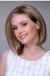 Woman in a petite shoulder length light brown lace front bob wig