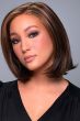 Woman in a shoulder length straight dark auburn lace front wig
