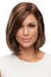 Woman in a petite shoulder length blunt cut light blonde wig