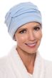Woman in light blue shirred cotton sleeping cap for cancer patients