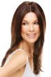 Woman in a long dark auburn lace front wig with middle part and face framing layers