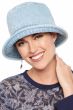 Woman in bucket hat for cancer patients made of blue jean material