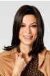 Woman in a 12" straight dark brown heat resistant hair topper for thinning hair