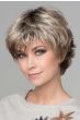 Woman in a shaggy light blonde pixie wig with longer layers on top