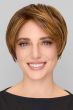Woman in a long dark auburn pixie wig with side bangs