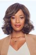 A shoulder-length wavy bob wig with side-swept face framing layers and soft, defined curls