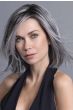 Woman in a shoulder length dark to medium grey blunt bob wig with long bangs