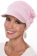 Pink brimmed hat for cancer patients with pleating and side flower
