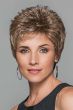 Woman in a petite, short, evenly layered ash brown pixie wig