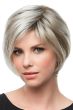 Woman in a petite layered chin length blonde rounded bob wig with bangs