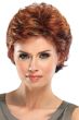 Woman in short red wavy wig with layers, bangs and sideburns for an older woman