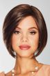 Woman in dark brown chin-length angled blunt lace front bob wig