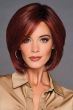 Woman in a past the chin length dark red lace front blunt bob wig