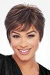 Woman in a medium brown pixie wig with longer hair on the top and sides