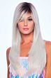 Woman in an extra long straight silver wig with long layers and side bangs