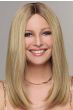 Woman in a past the shoulders straight medium blonde blunt cut wig