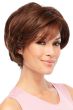 Woman in a dark auburn cropped lace front bob wig with side-swept bangs